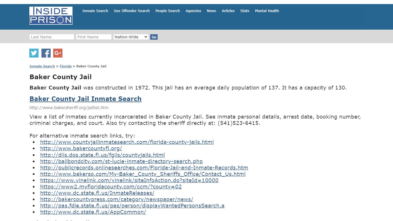 Baker County Jail - Florida - Inmate Search - Inside Prison